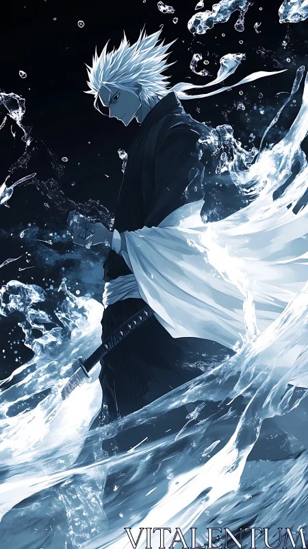 White haired swordsman strides through surging blue water