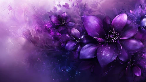 Purple Flowers Bloom in Abstract Ethereal Mist