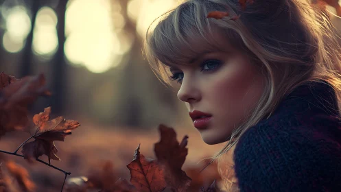 Woman in autumn forest with soft golden background light.