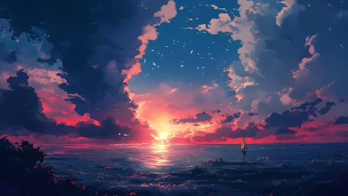 Sunset sky illuminates ocean horizon with distant sailboat