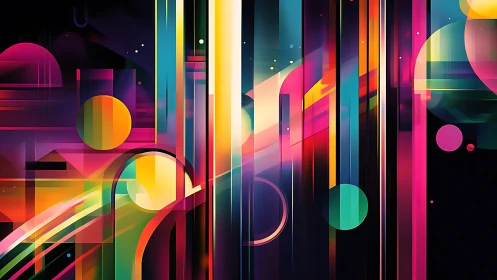 Neon Orbits And Chromatic Rails In A Midnight Vector Carnival.