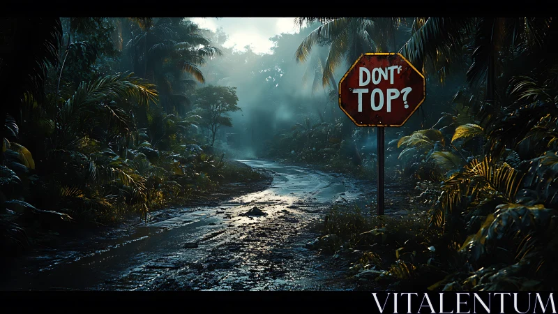 Foggy jungle road with altered octagonal traffic sign.