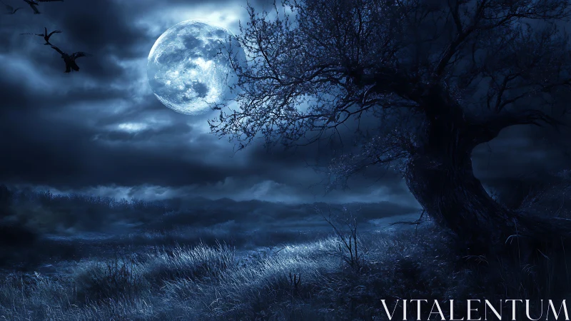 Moody full moon over windswept haunted meadow at night.
