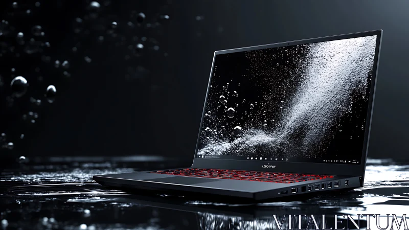 Gaming laptop rendered with high-contrast liquid splash interface
