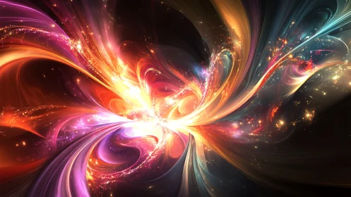 Colorful cosmic light burst with swirling energy forms.