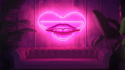 Neon lips wall art glowing over magenta velvet sofa in lounge.