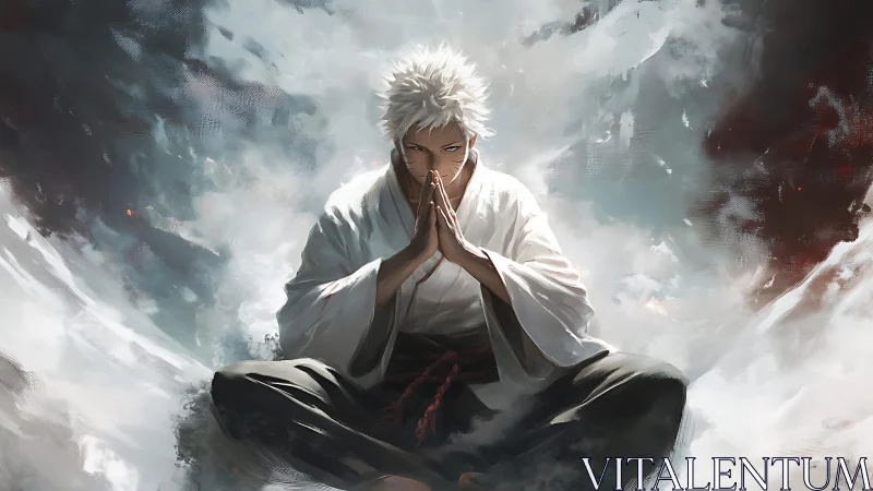 White-haired warrior in stormlit meditation focus.