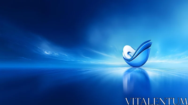 Abstract blue wave sculpture on reflective water, digital art style.