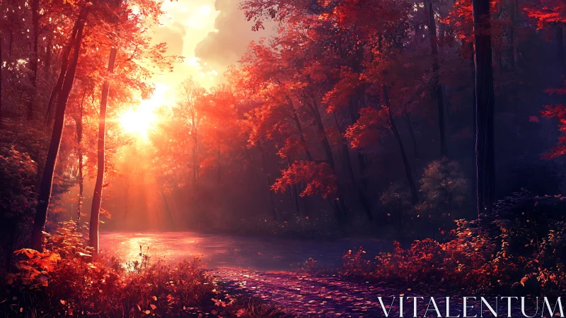 Sunlit autumn forest path beside calm reflective river.