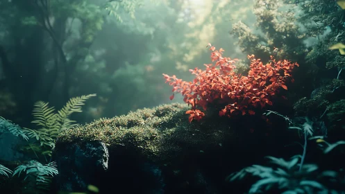 Red Foliage Glows Amid Misty Forest Canopy