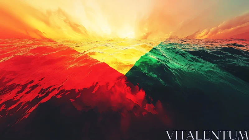 Prismatic ocean horizon divides saturated red and teal waves