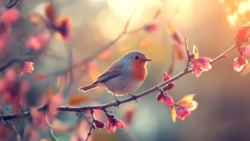 Sunlit robin pauses mid-melody on a blossom-bright branch