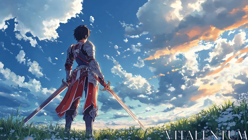 Skybound twinblade knight pausing in a wildflower dawn.