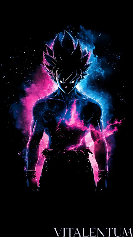 Silhouetted energy warrior in blue and magenta aura.