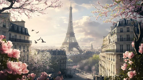 Eiffel Tower framed by spring blossoms over Paris rooftops