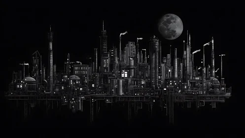 Noir industrial megastructure under lunar backlight rendering.