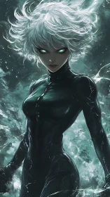 White haired figure in black suit with glowing green eyes.
