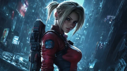 Female operative stands in rainy futuristic city street at night