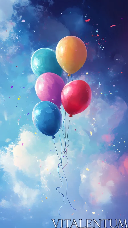Colorful Balloons Rising Through Dreamlike Sky.
