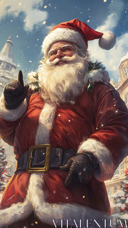 Snowlit Santa portrait in vibrant festive cityscape painting.