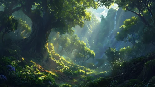 Luminous Forest Canyon with Cascading Waterfall.