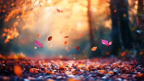 Fallen autumn leaves lie on a forest path as others drift