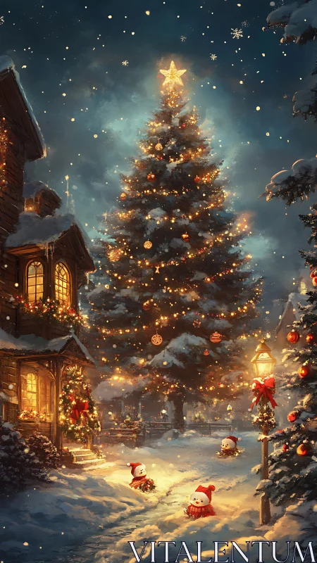 Magical village Christmas tree glows softly under winter starlight