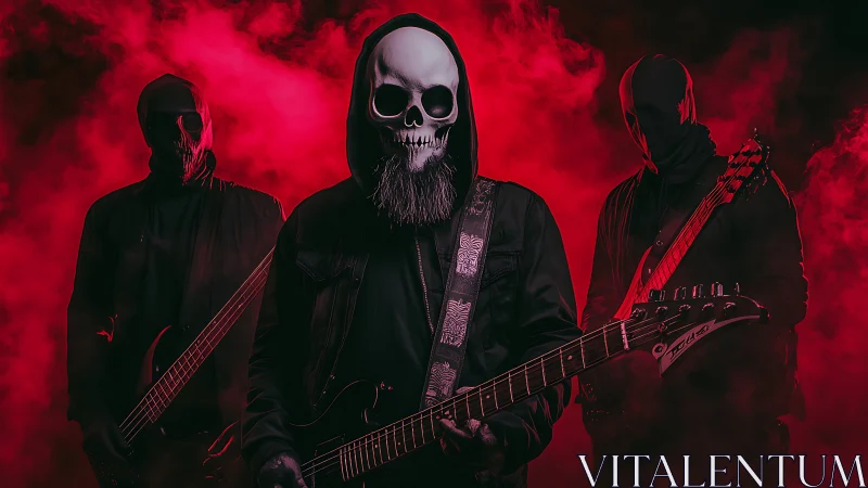 Hooded skull-masked metal band stands in dense red fog