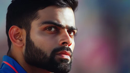 Focused close-up portrait of intense bearded athlete face.