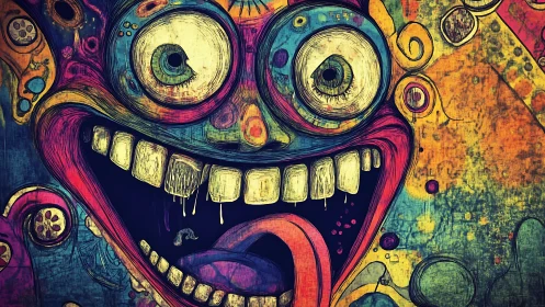 Wildly joyful monster face in bold neon street colors.