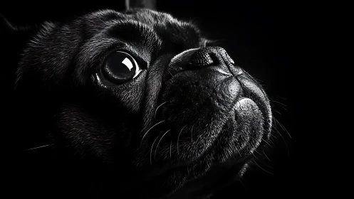 Gazing black dog in dramatic low key monochrome portrait.
