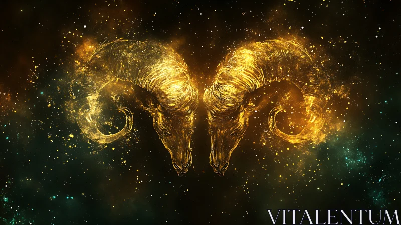 Golden cosmic ram constellation mirrored in deep space.