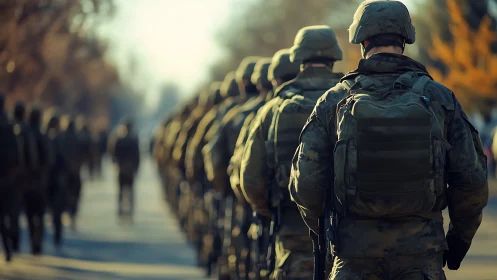 Soldiers marching in formation along sunlit urban street.