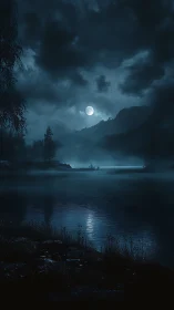 Moonlit lake and distant hills are viewed through low mist