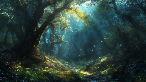 Luminous Cathedral: Where Ancient Trees Cradle Ethereal Light.