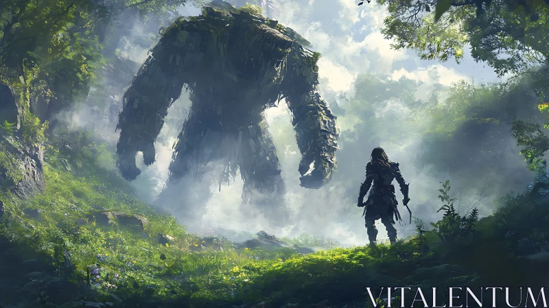 Forest warrior confronts colossal moss-forged stone titan.