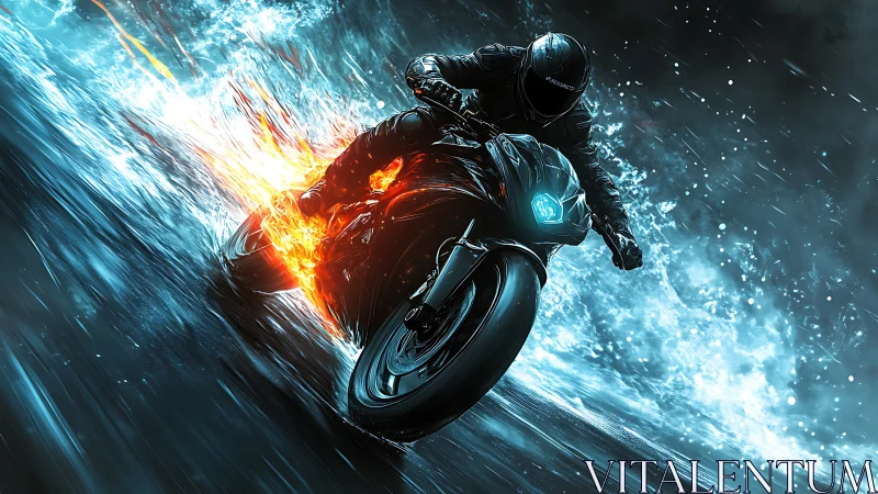 Midnight storm rider carves fire and ice across wet asphalt