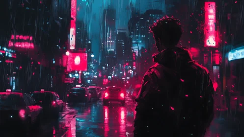Cyberpunk rain-soaked avenue with lone figure silhouette at night.
