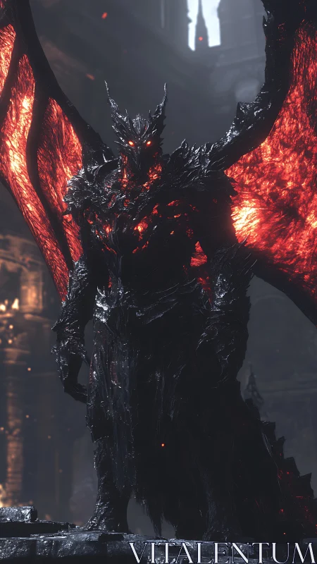 Infernal obsidian demon lord amid molten ember wings.