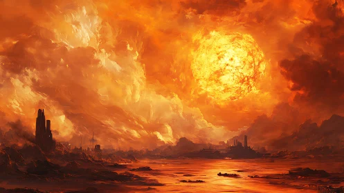Blazing apocalyptic sun engulfs a ruined industrial skyline