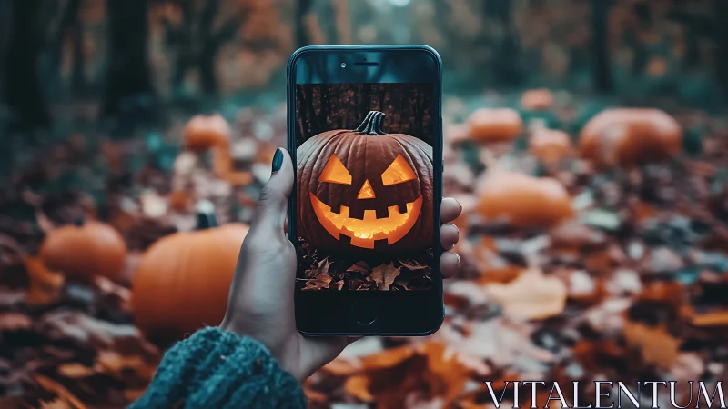Smartphone frames glowing jack o lantern in autumn woods.