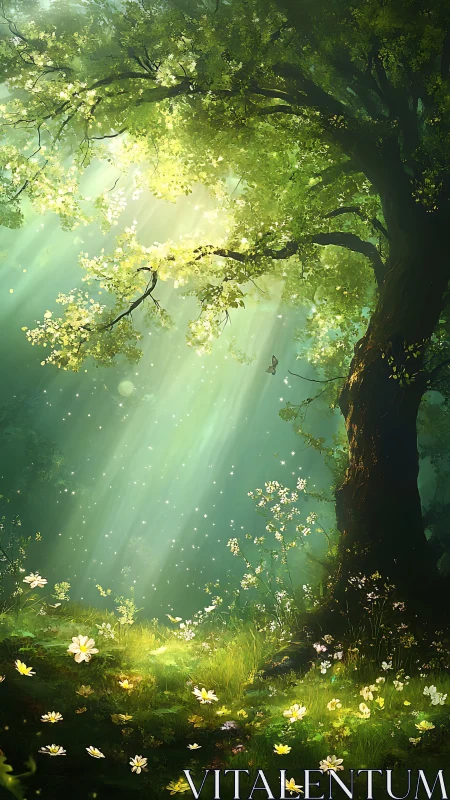 Sunlit forest glade where shy wildflowers gossip softly.