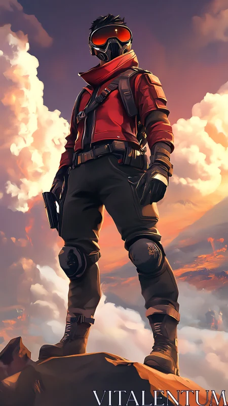 Aerial tactical scout in red jacket on cloud-framed summit