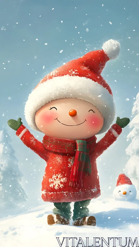 Cheerful stylized snowman character in winter snowfall scene.