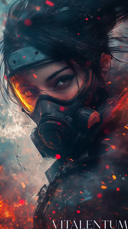 Post-apocalyptic warrior in gas mask rendered with fiery bokeh detail