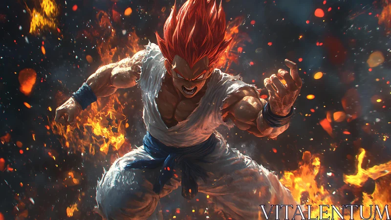Explosive red‑haired warrior surges forward through dynamic flames