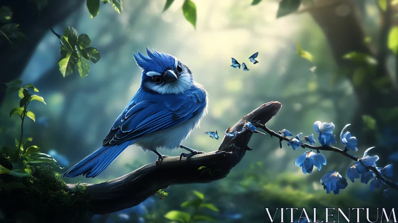 Blue Songbird on Branch in Magical Forest, Digital Art Style.