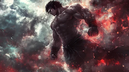 Storm-forged warrior strides through swirling fire and smoke.