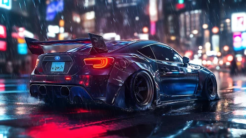 Neon‑slicked tuner coupe hunts highways in rainy night city.