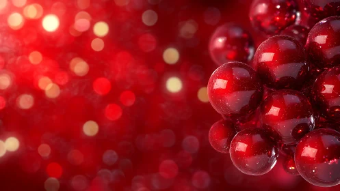 Clustered red glass spheres float against blurred bokeh background